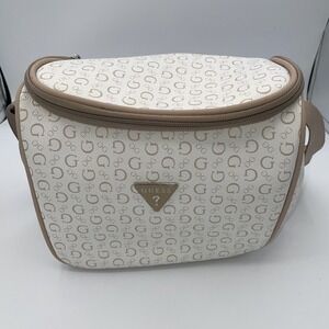Guess Lunch Box Crossbody Bag White Beige Monogram Logo Zip Around Travel Bag